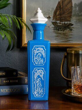 Vintage 1965 Jim Beam D-334 Blue Milk Glass Decanter Pagoda Stopper Asian Motif
